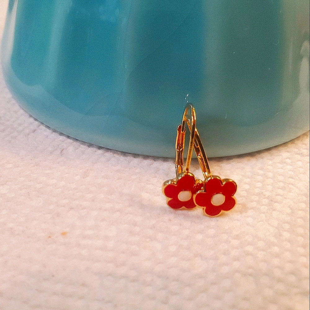 LMTS 14k Enamel Flower lever back earrings.